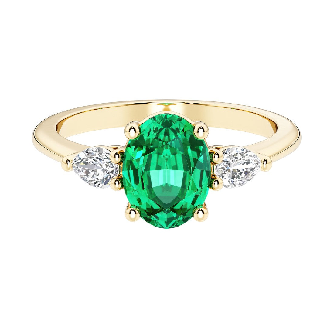 Oval and pear shape 3 stone engagement ring with colombian emerald and brilliant diamond side stones.