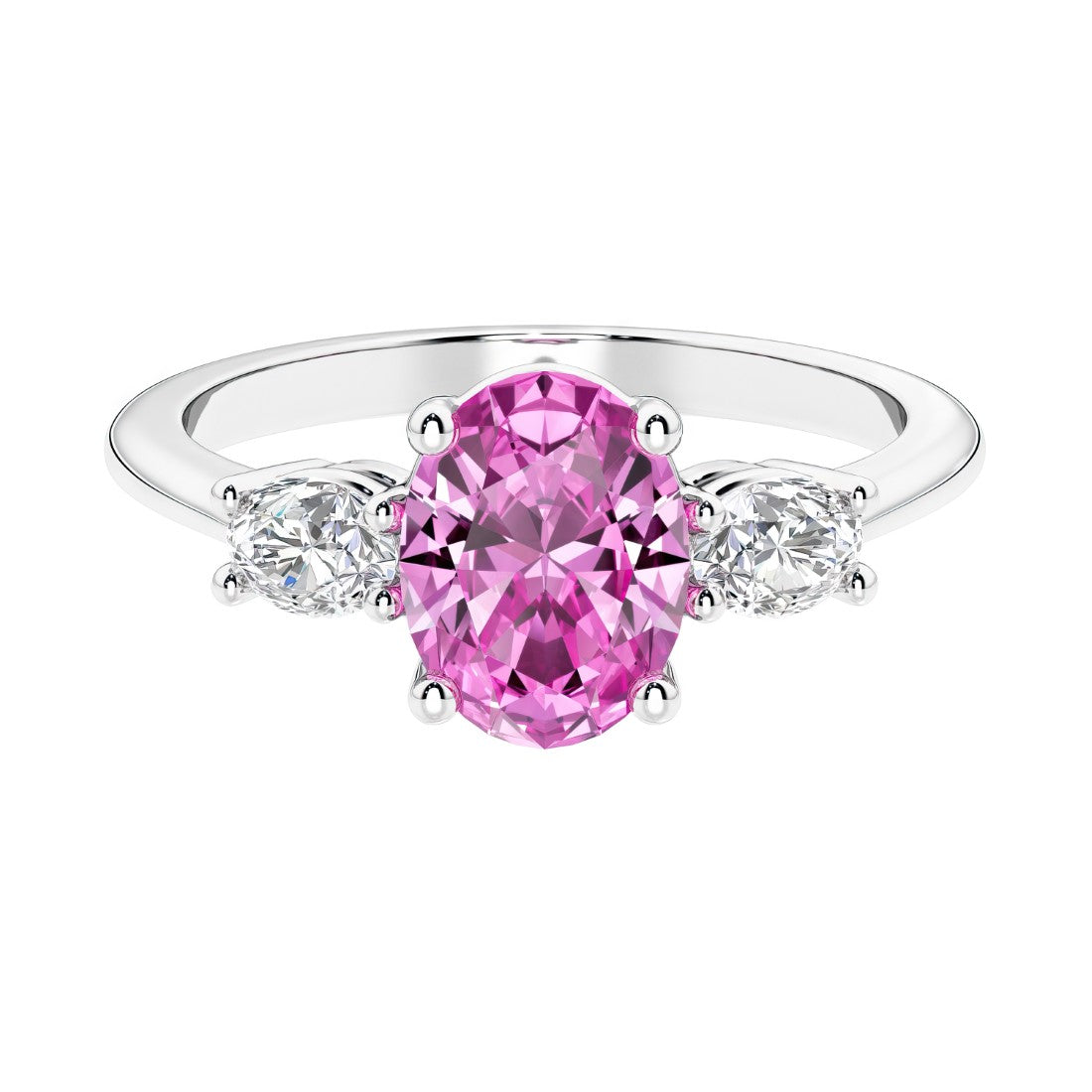 Three stone oval cut diamond ring in classic design featuring pink sapphire center.