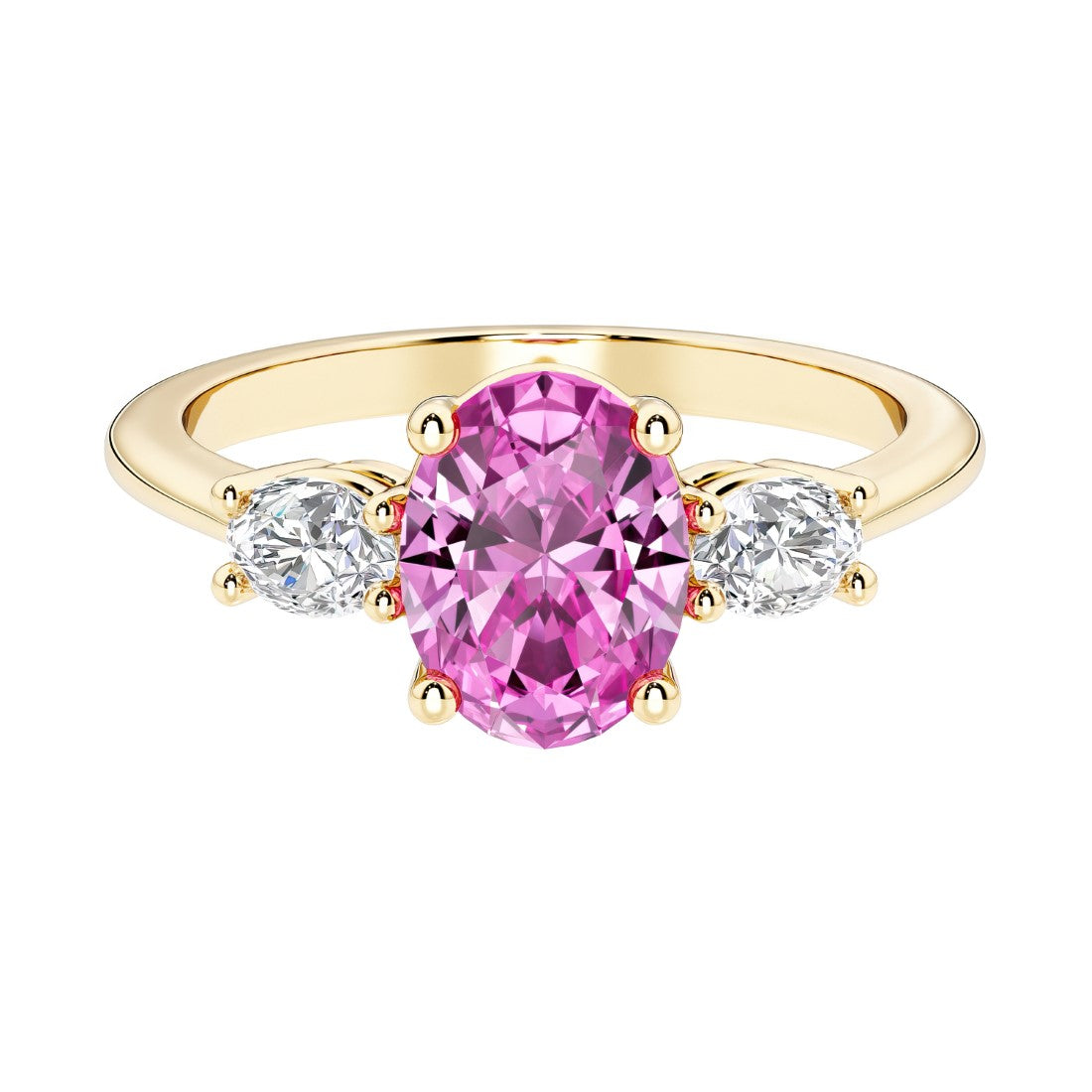 Oval 3 stone engagement ring with real pink sapphire and brilliant diamond side stones.