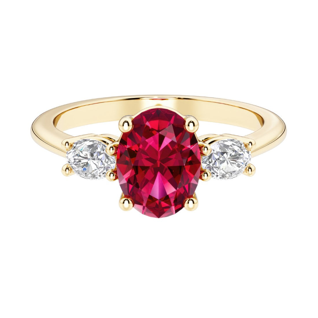 Oval cut three stone diamond engagement ring with romantic charm with gemstone center.
