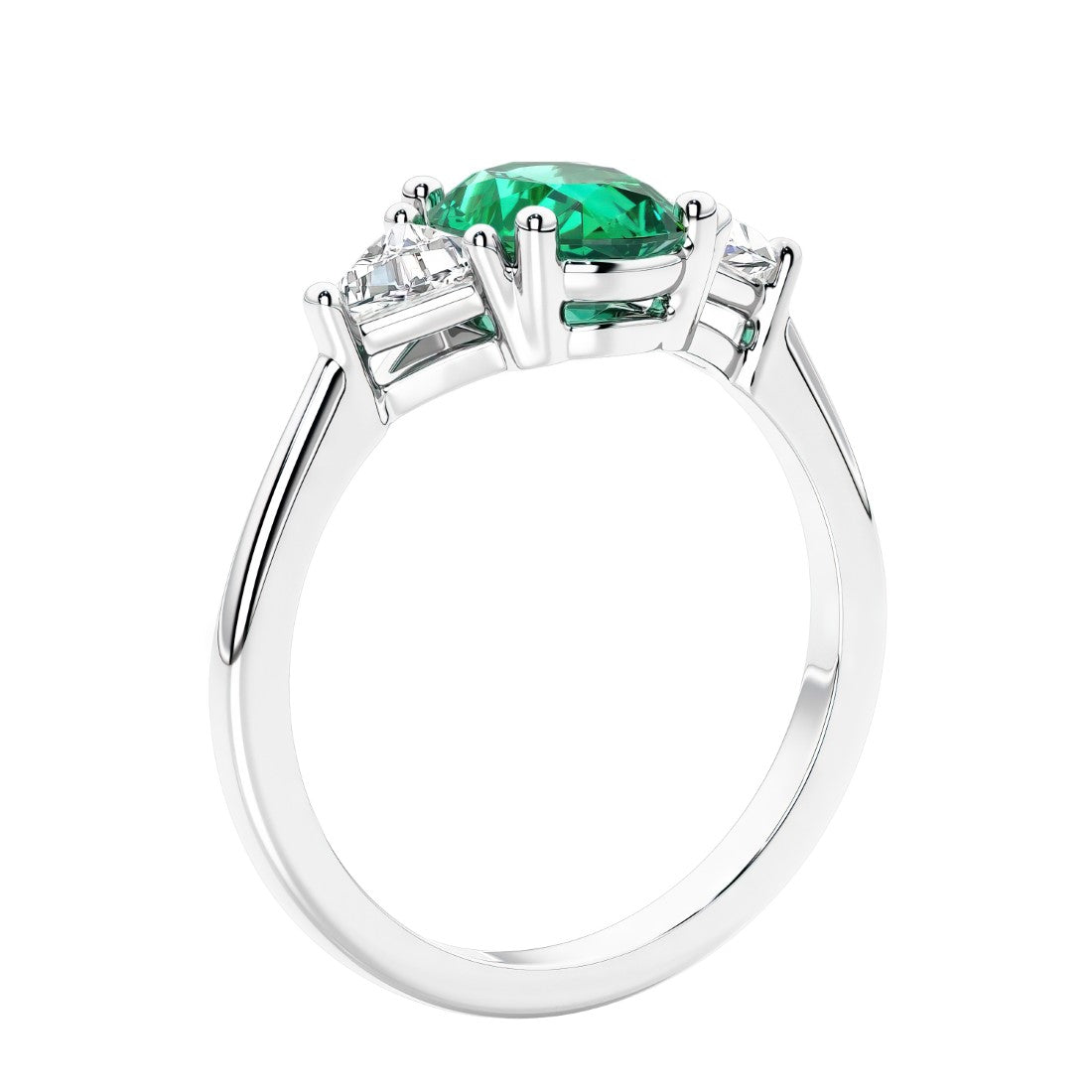 3 stone oval ring with green gemstone and diamonds in sleek white gold.