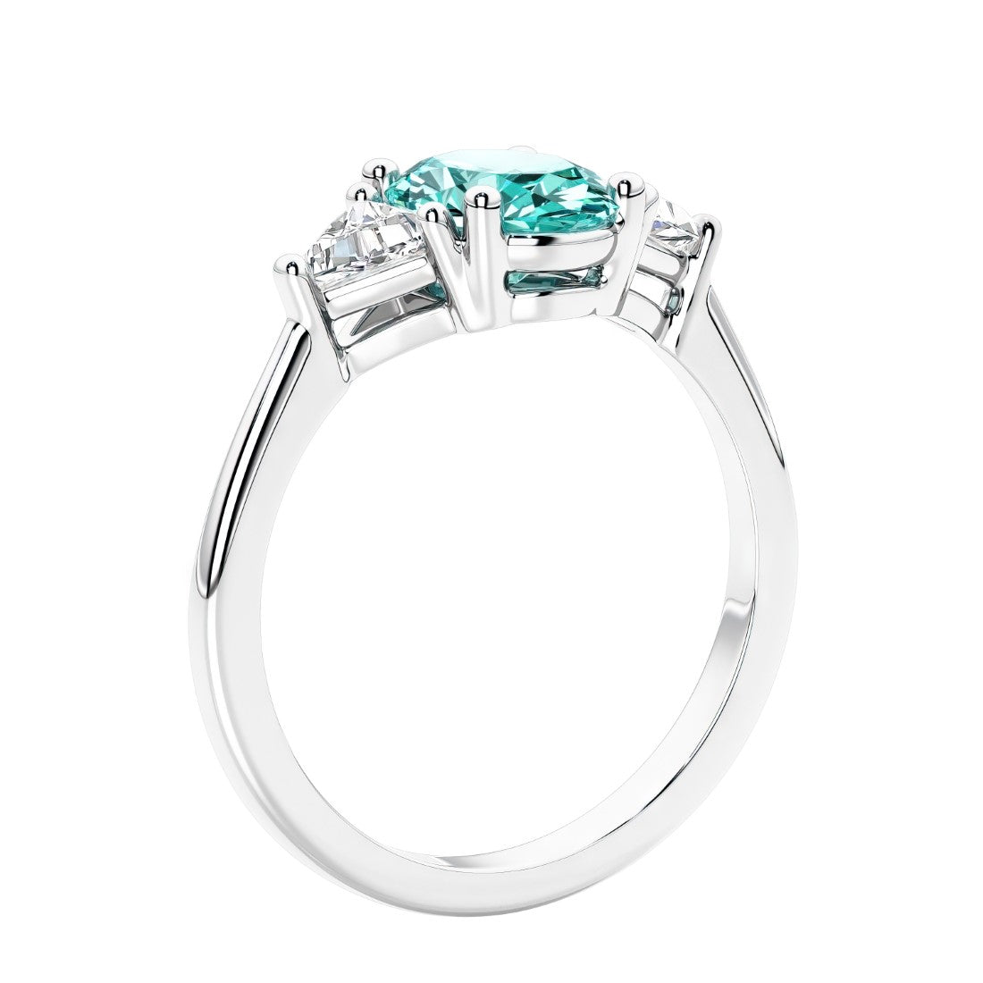 3 stone oval ring with green gemstone and diamonds in sleek white gold.