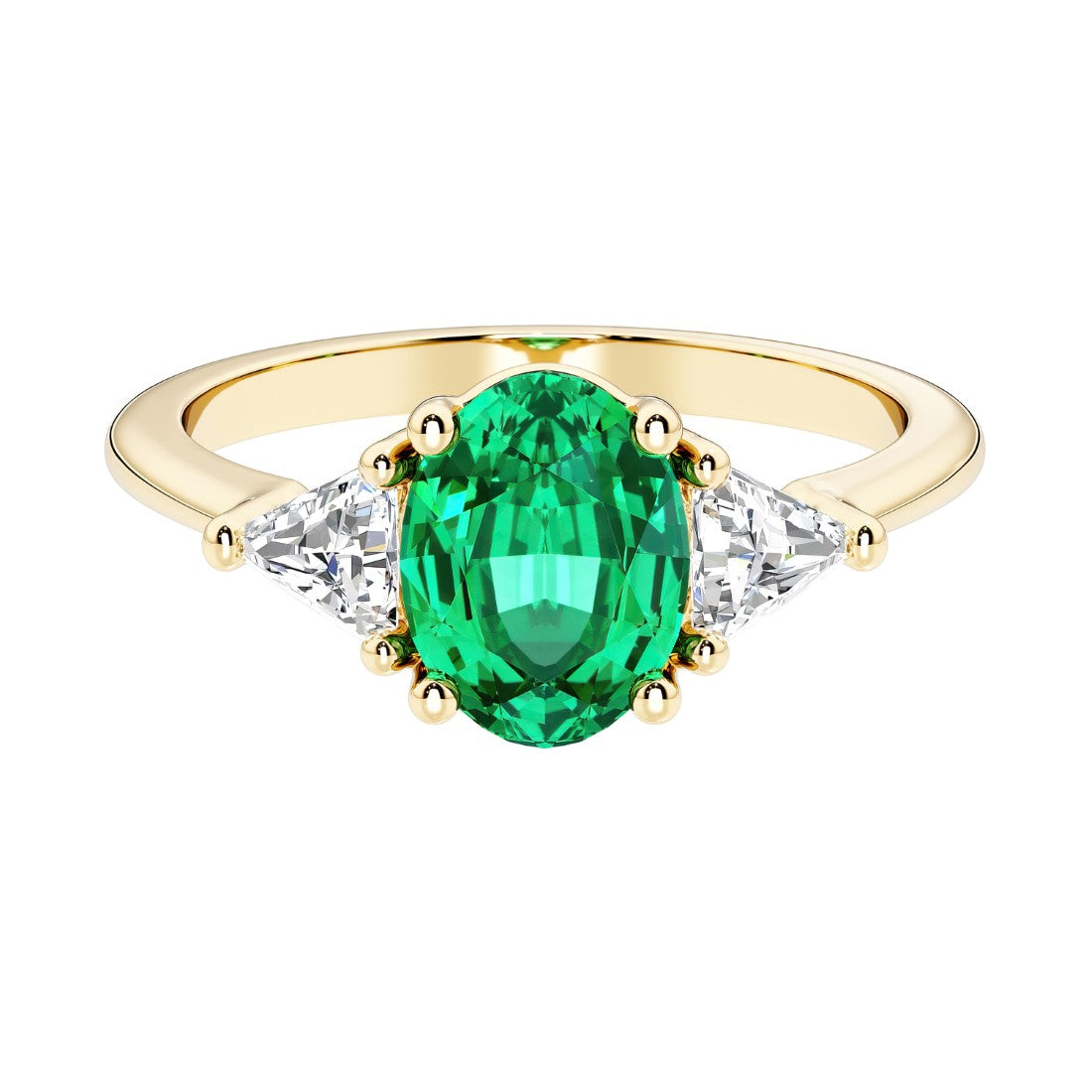 Oval cut three stone diamond engagement ring with romantic charm with green gemstone center 14k yellow gold