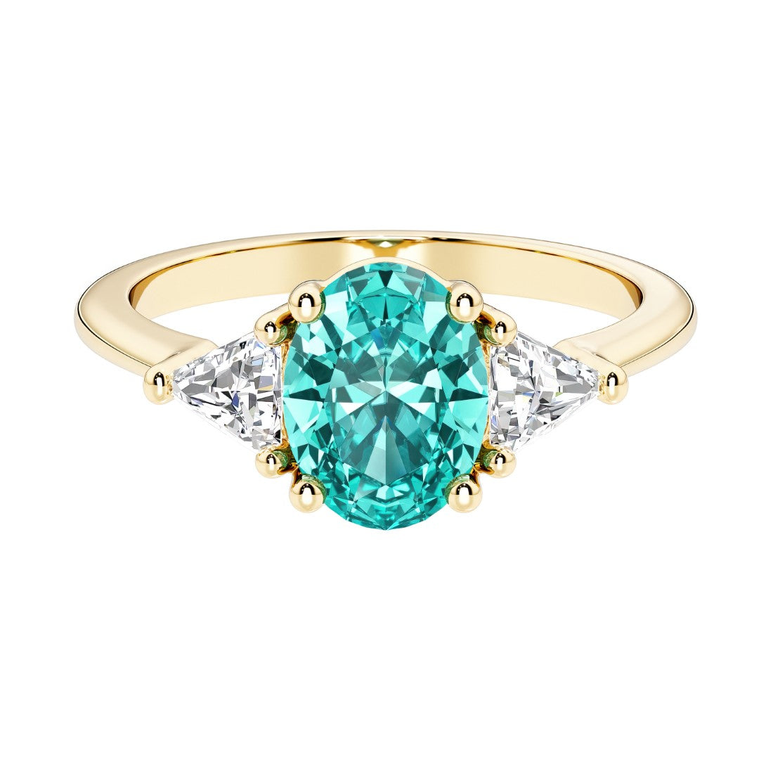 Oval cut three stone diamond engagement ring with romantic charm with green gemstone center 14k yellow gold