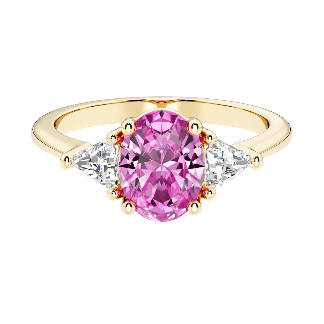 Oval cut three stone diamond engagement ring with romantic charm with pink gemstone center 14k yellow gold
