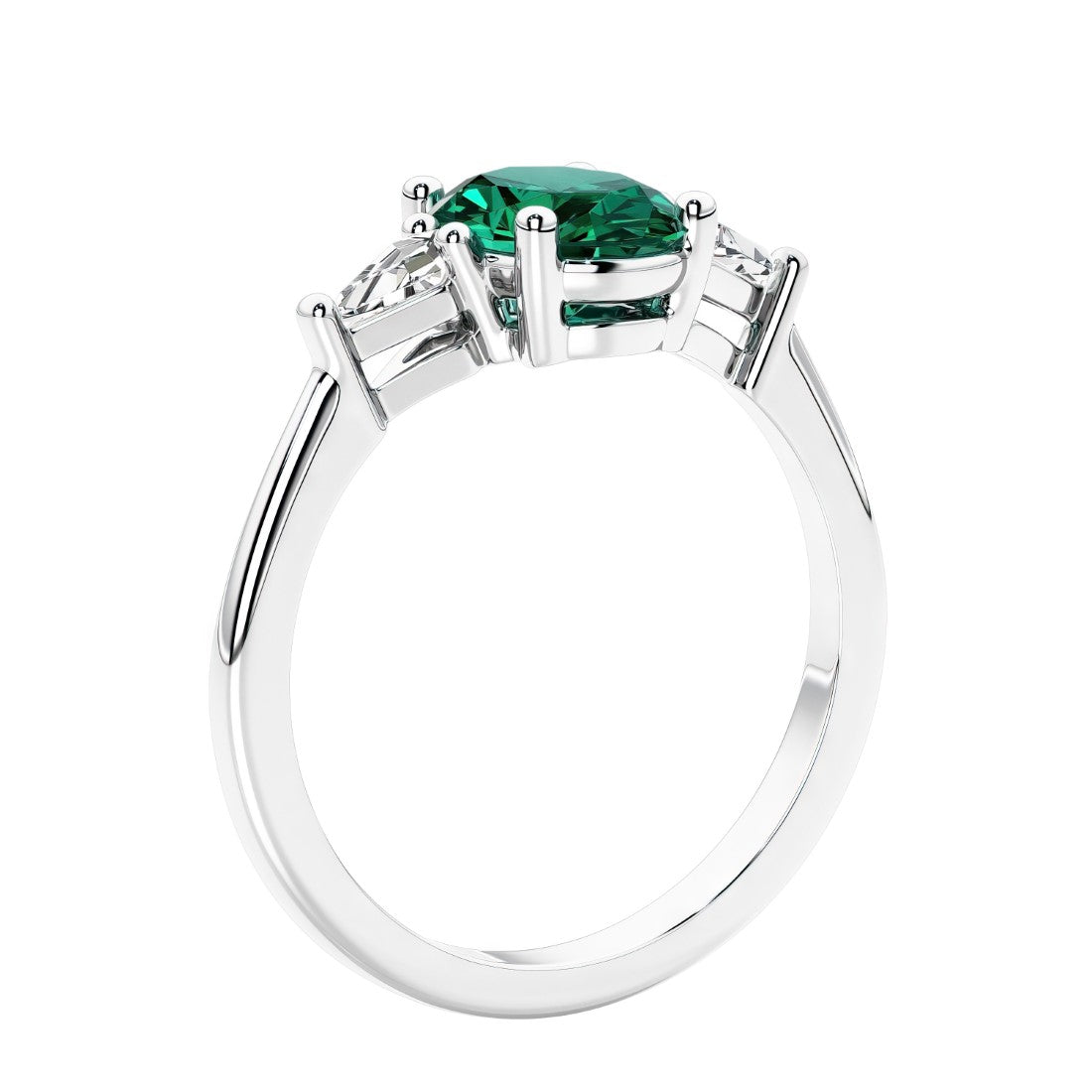 3 stone oval ring with gemstone and diamonds in sleek white gold.