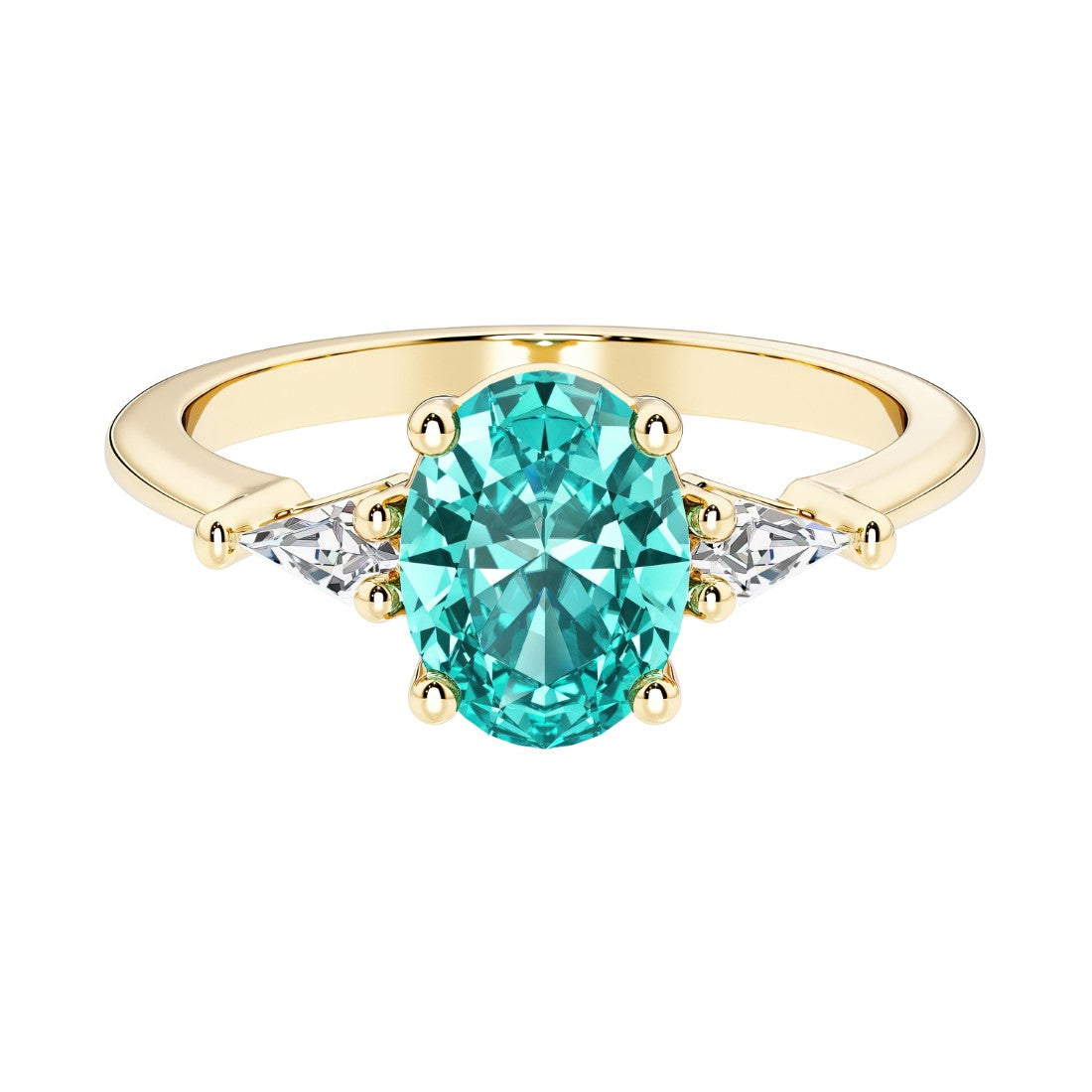 Oval cut three stone paraiba tourmaline engagement ring with diamonds set yellow gold.