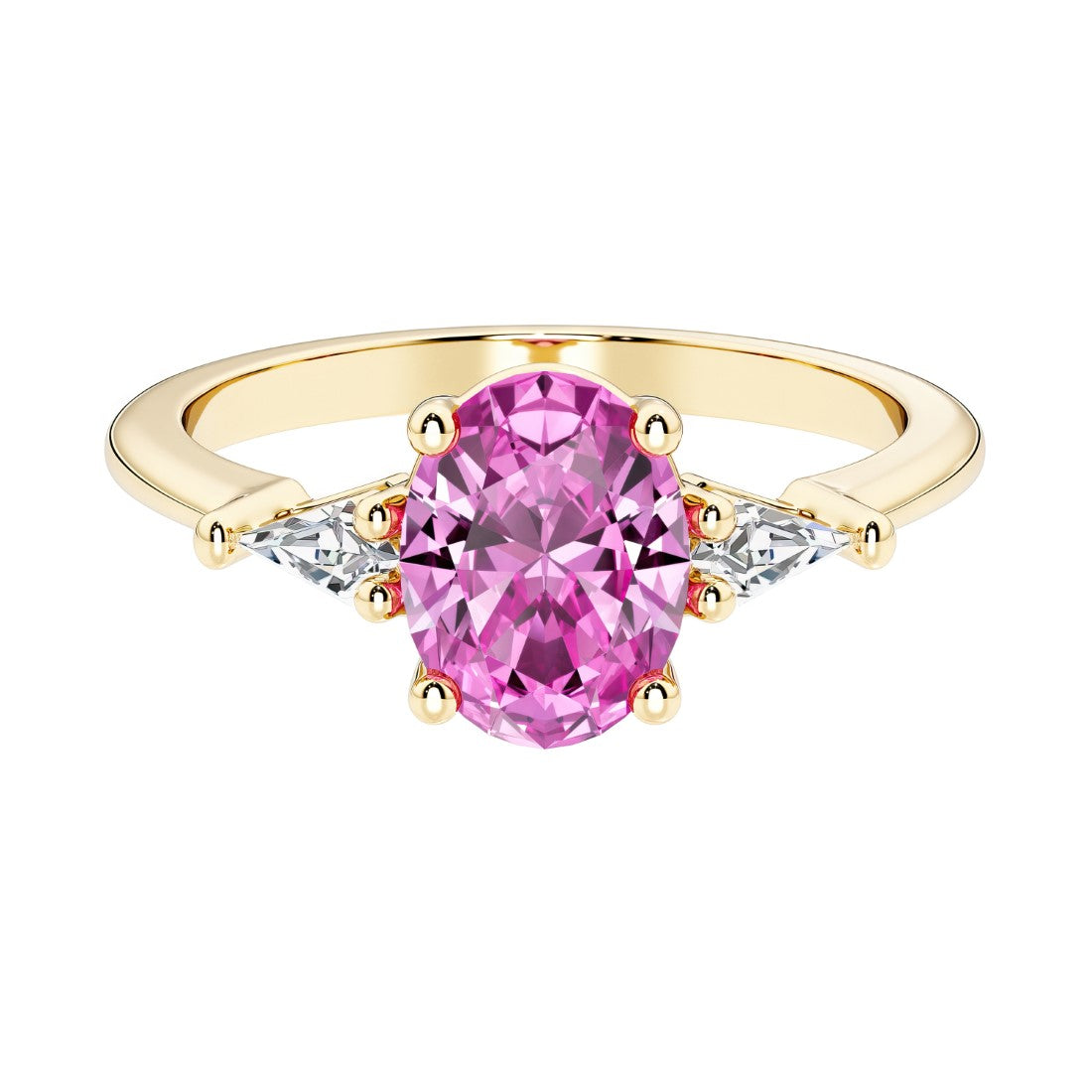 Oval cut three stone pink sapphire engagement ring with diamonds set yellow gold.