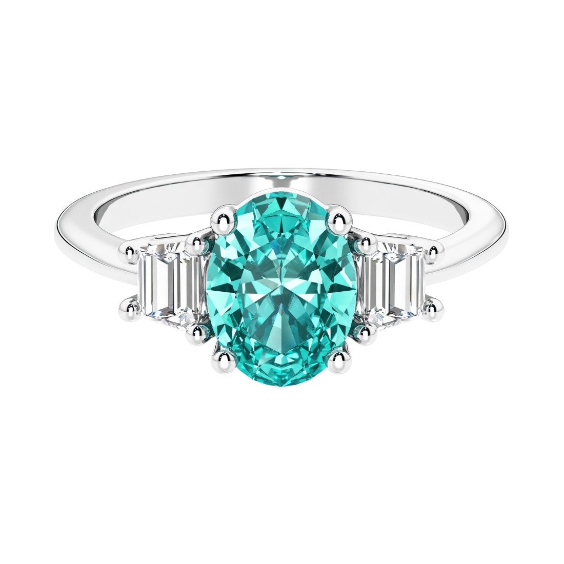 Oval cut three stone diamond engagement ring with romantic charm.