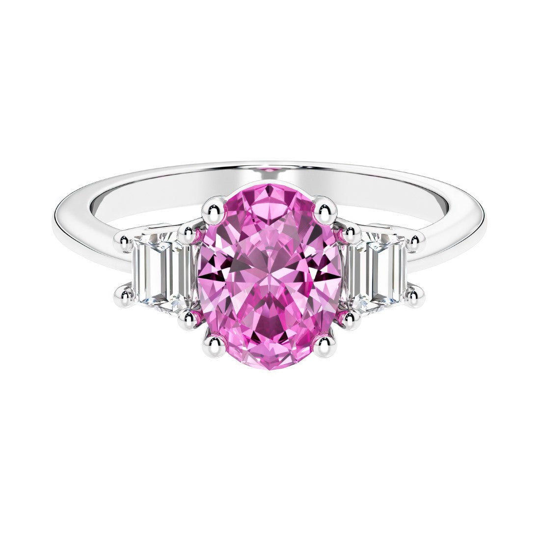 Oval cut three stone diamond engagement ring with romantic charm.