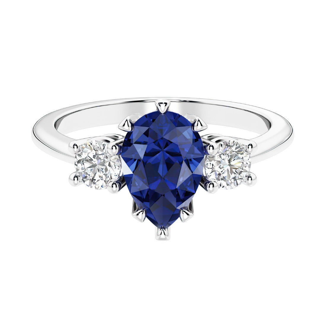 Blue Sapphire 3 stone pear diamond ring set in a delicate band.