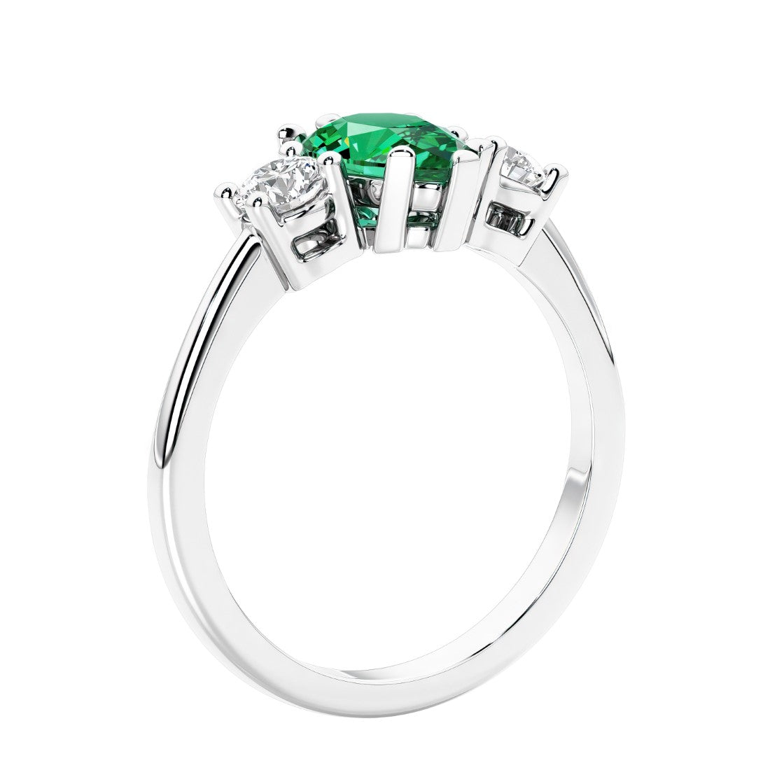 3 stone diamond engagement ring with pear shaped center in white gold featuring Colombian Green Emerald.