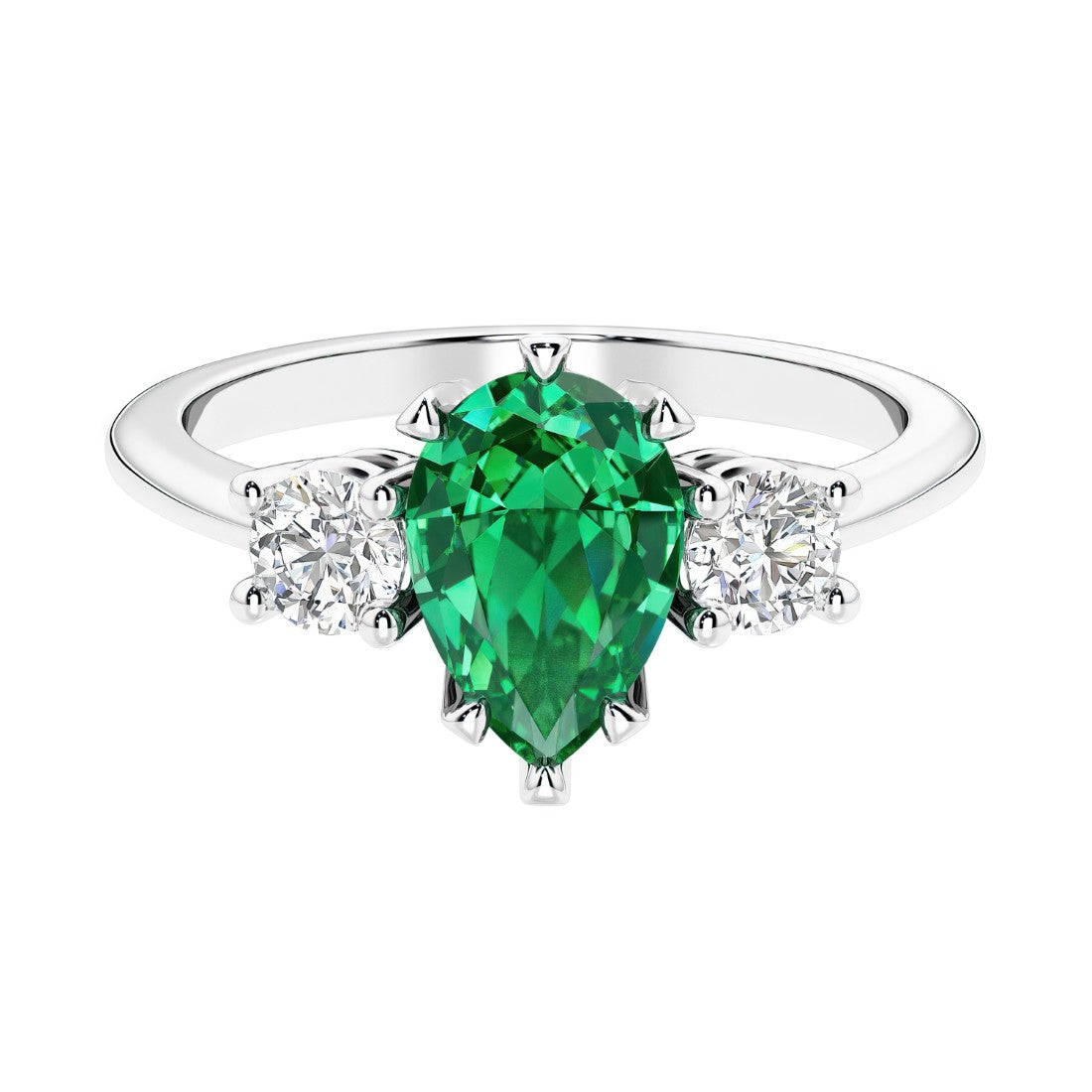 Colombian Green Emerald 3 stone pear diamond ring set in a delicate band.