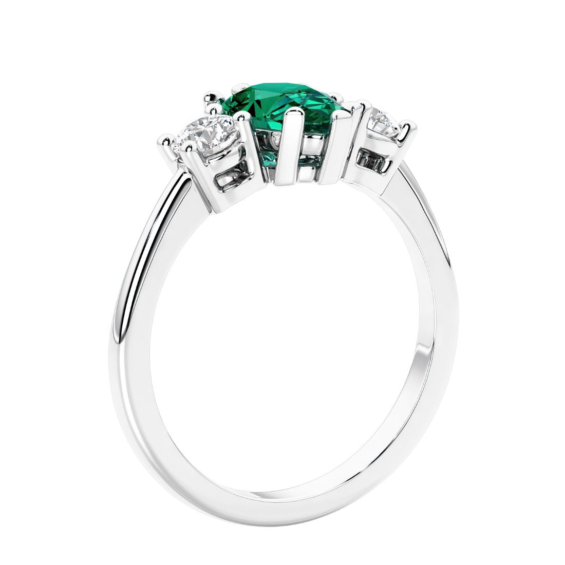 3 stone diamond engagement ring with pear shaped center in white gold featuring Green Emerald.