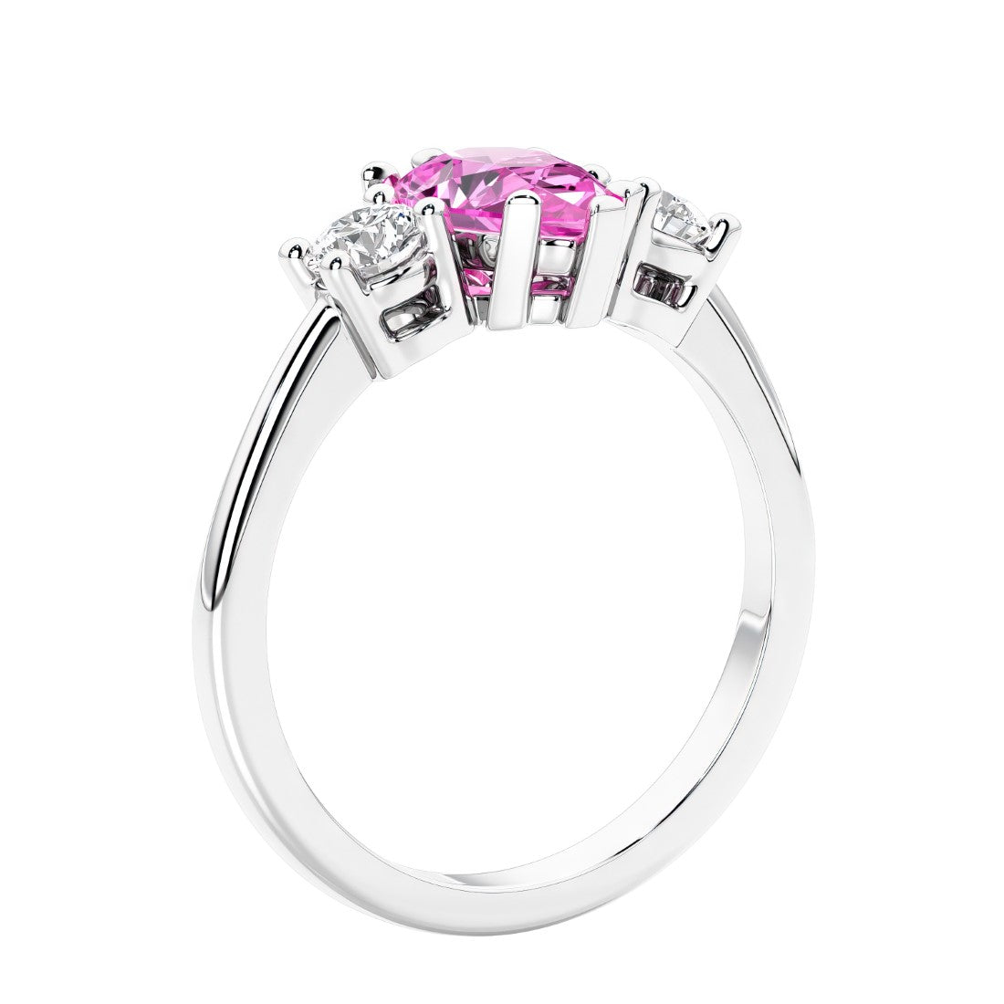 3 stone diamond engagement ring with pear shaped center in white gold featuring Pink Sapphire.