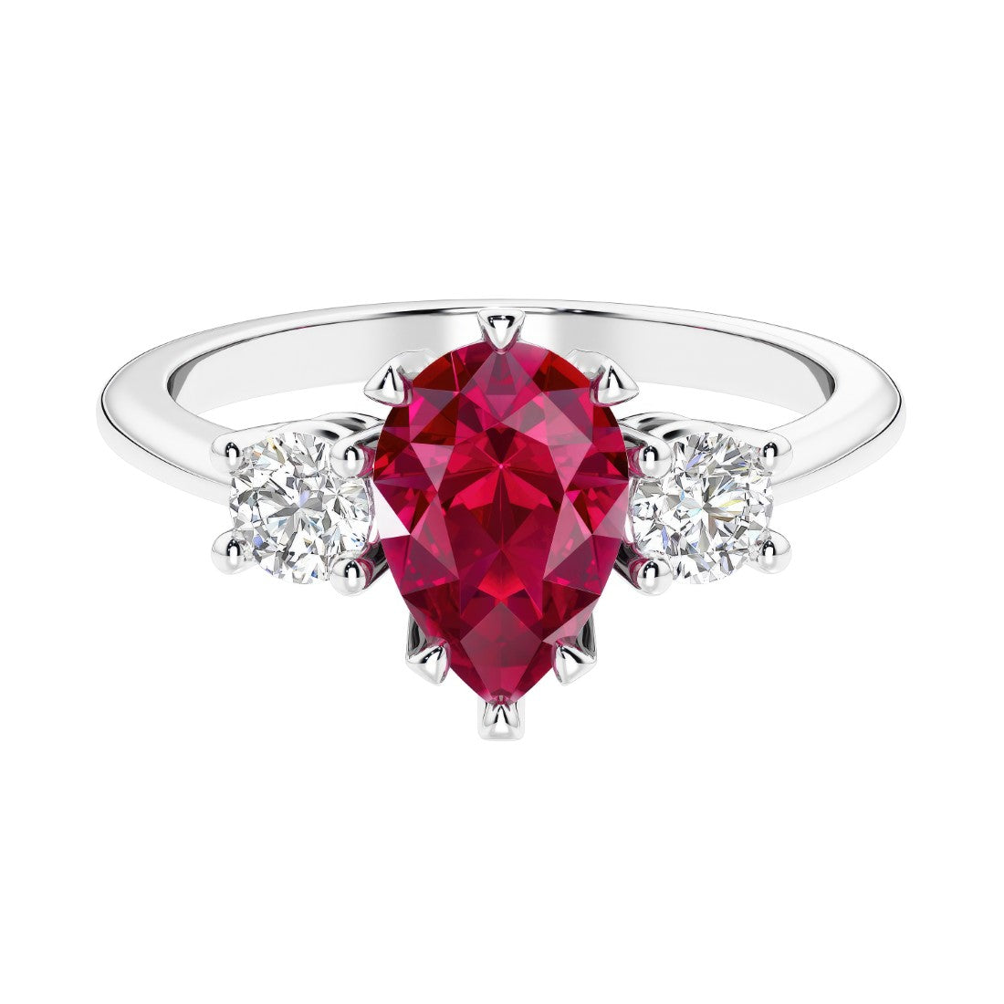Ruby 3 stone pear diamond ring set in a delicate band.