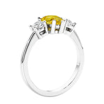 3 stone diamond engagement ring with pear shaped center in white gold featuring Yellow Diamond alternative yellow sapphire.