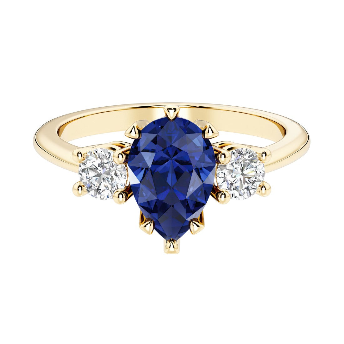 Blue Sapphire pear shaped 3 stone engagement ring with elegant diamond side stones.