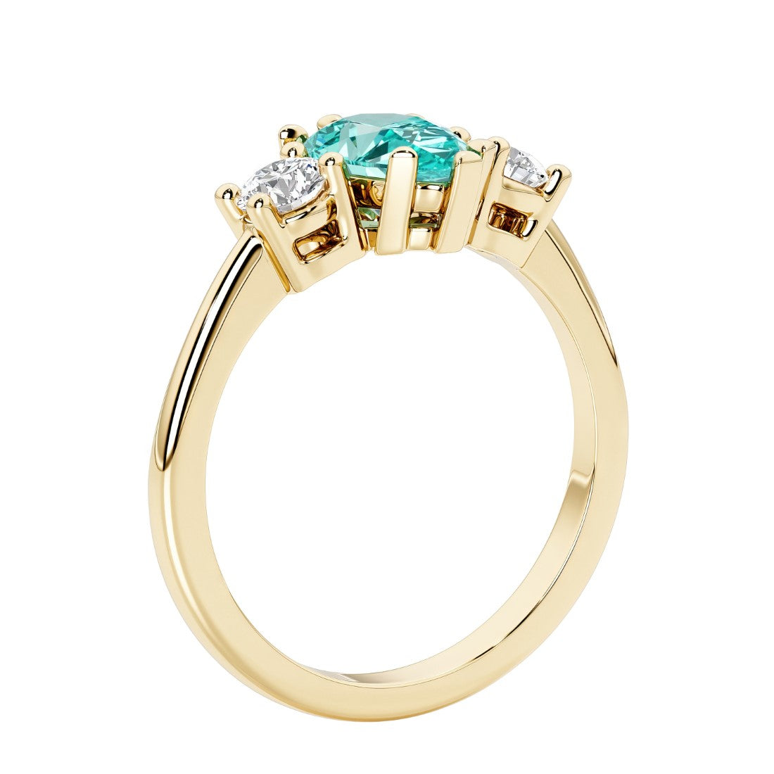 Paraiba Green Tourmaline three stone pear shaped engagement ring with classic styling.