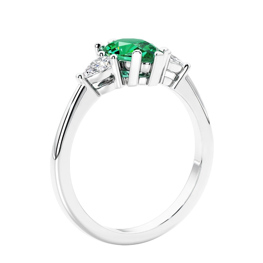 3 stone diamond engagement ring with pear shaped center in white gold featuring Green Emerald.