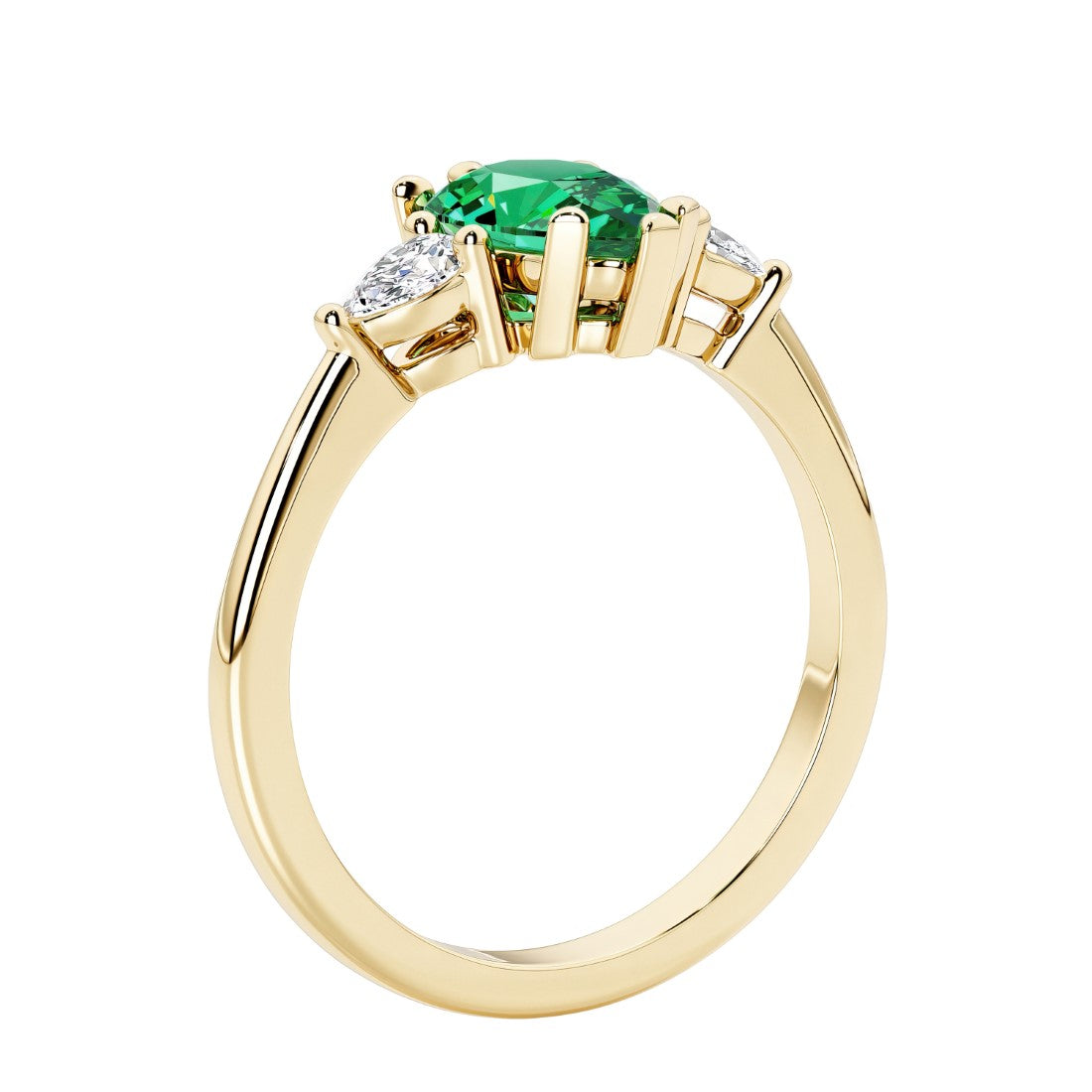 Green Emerald three stone pear shaped engagement ring with classic styling.