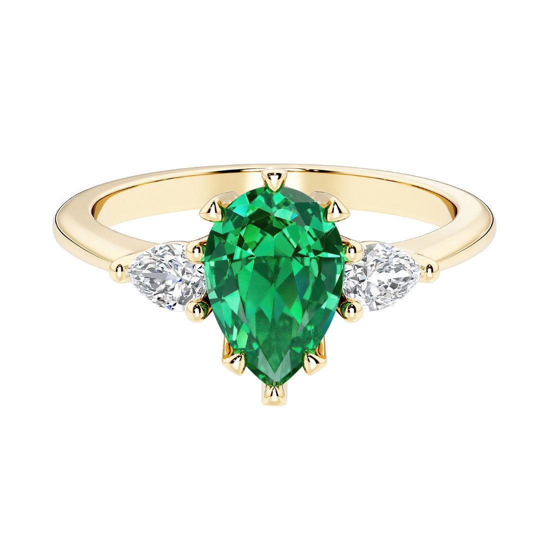 Green Emerald pear shaped 3 stone engagement ring with elegant diamond side stones.
