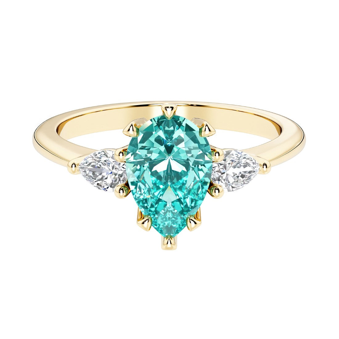 Paraiba Tourmaline pear shaped 3 stone engagement ring with elegant diamond side stones.