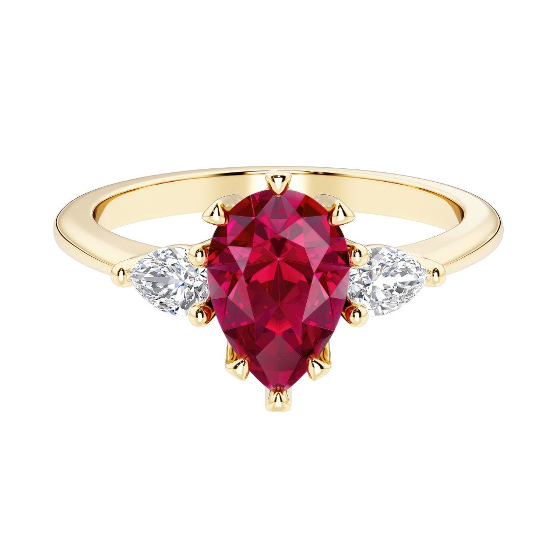 Red Ruby pear shaped 3 stone engagement ring with elegant diamond side stones.