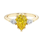 Yellow Sapphire pear shaped 3 stone engagement ring with elegant diamond side stones.