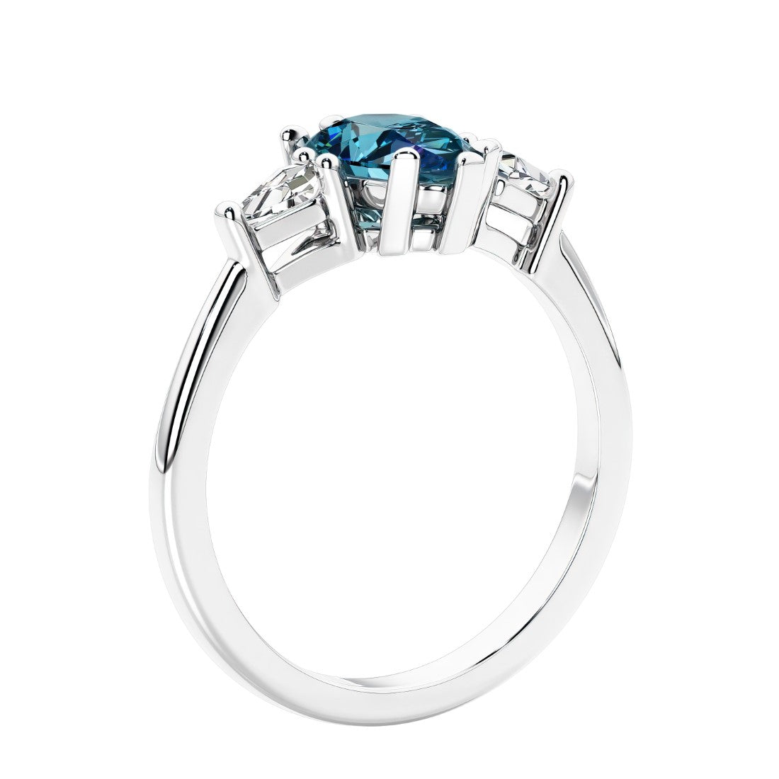 3 stone diamond engagement ring with pear shaped center in white gold featuring Alexandrite.
