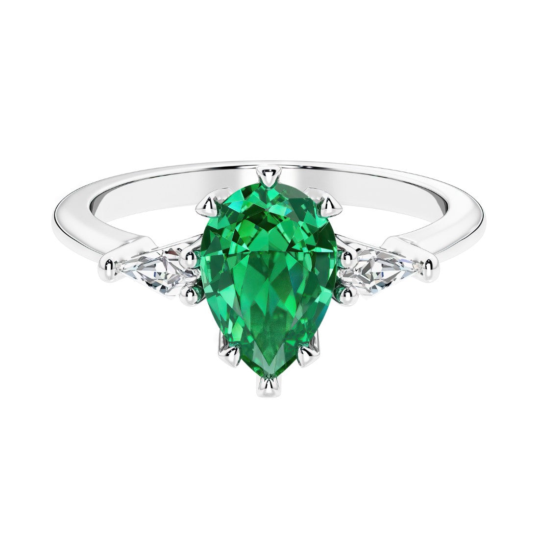 Green Gemstone 3 stone pear diamond ring set in a delicate band.