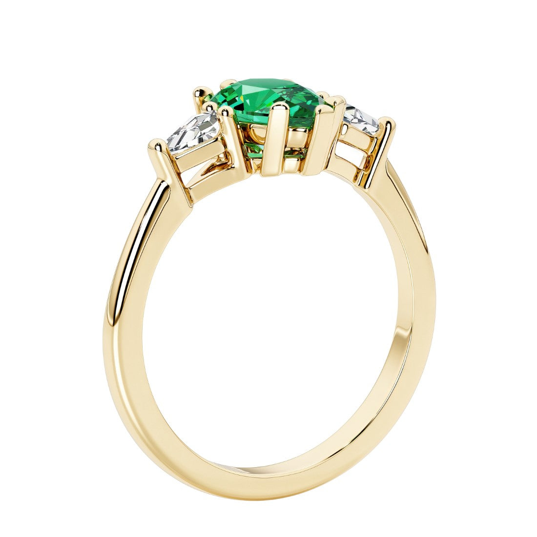 Green Gemstone three stone pear shaped engagement ring with classic styling.