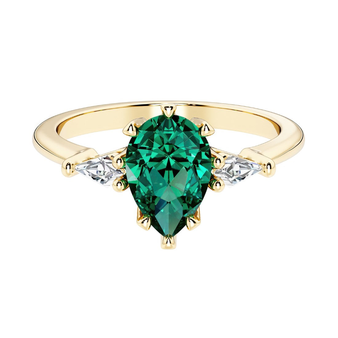 Green Gemstone pear shaped 3 stone engagement ring with elegant diamond side stones.