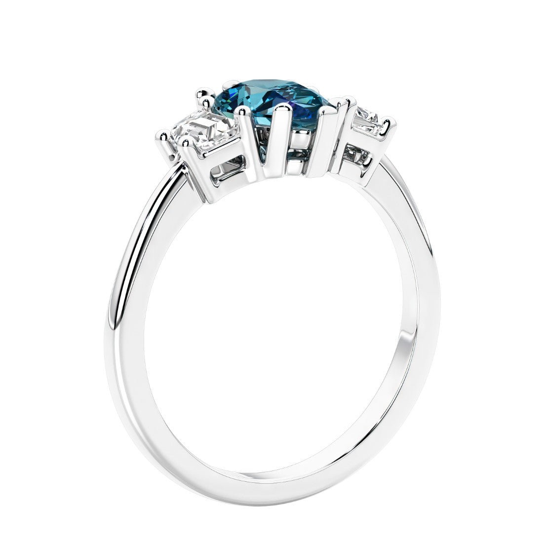 3 stone diamond engagement ring with pear shaped center in white gold featuring Alexandrite.