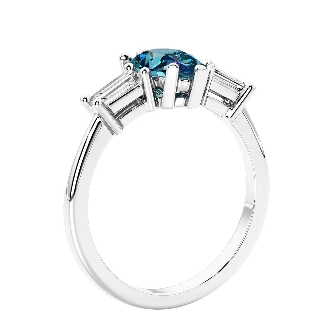 3 stone diamond engagement ring with pear shaped center in white gold featuring Alexandrite.
