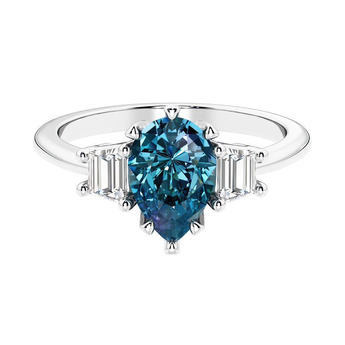 Alexandrite 3 stone pear diamond ring set in a delicate band.