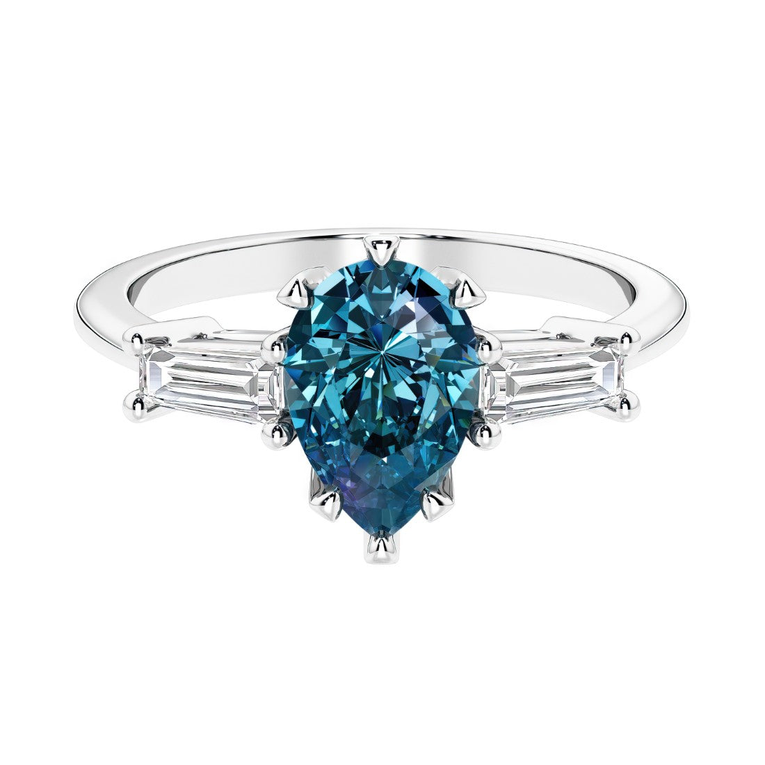 Alexandrite 3 stone pear diamond ring set in a delicate band.