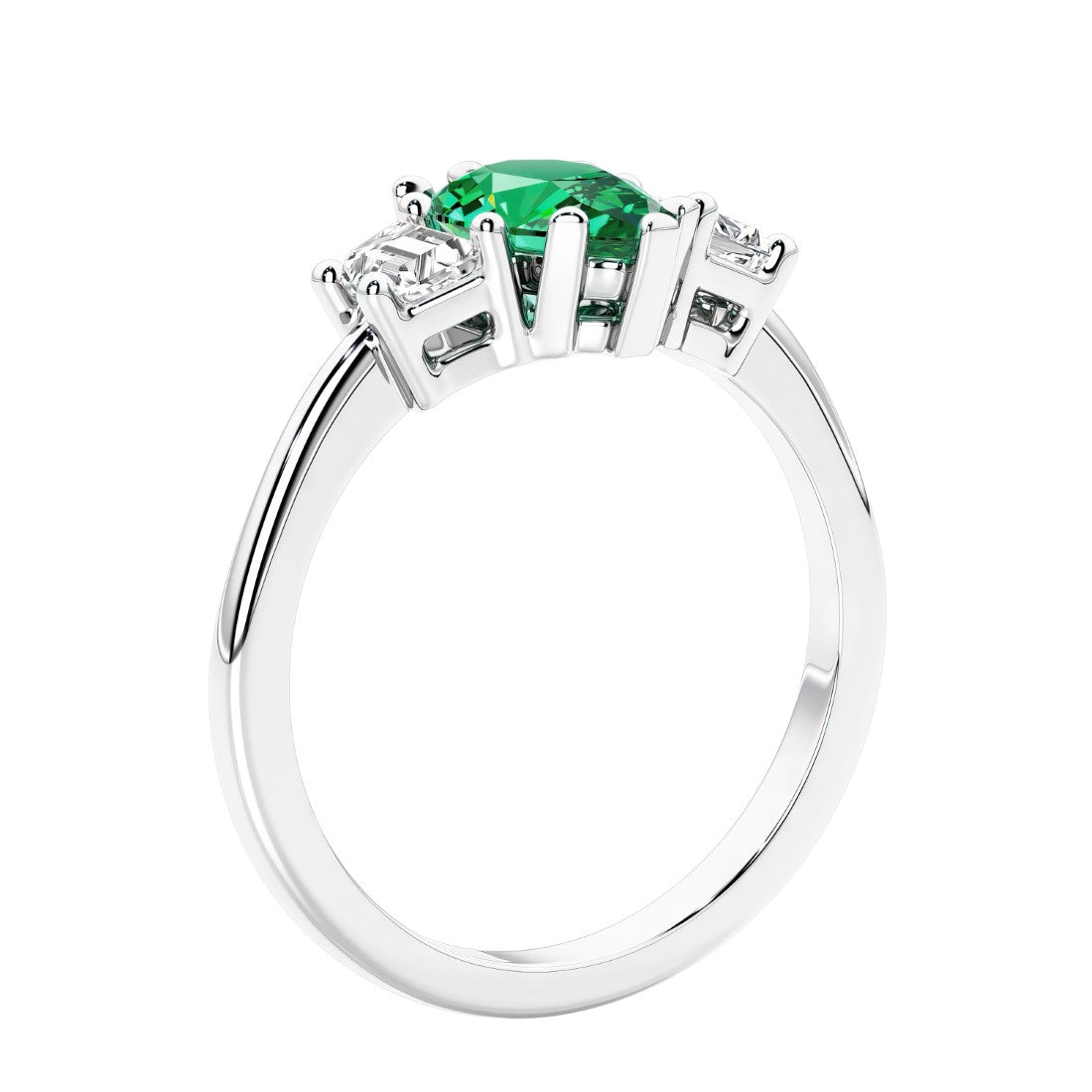 3 stone diamond engagement ring with pear shaped center in white gold featuring Colombian Green Emerald.