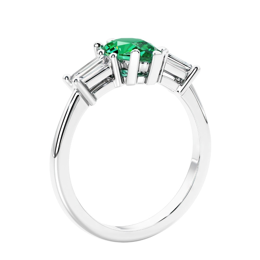 3 stone diamond engagement ring with pear shaped center in white gold featuring Colombian Green Emerald.