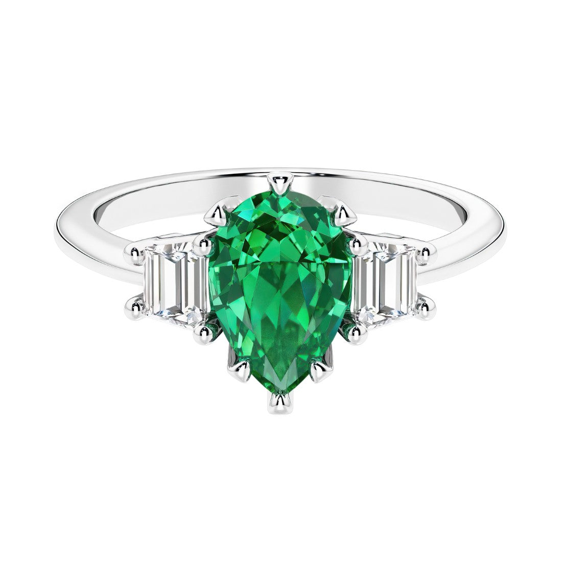 Colombian Green Emerald 3 stone pear diamond ring set in a delicate band.