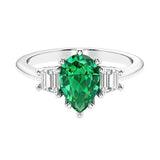 Colombian Green Emerald 3 stone pear diamond ring set in a delicate band.