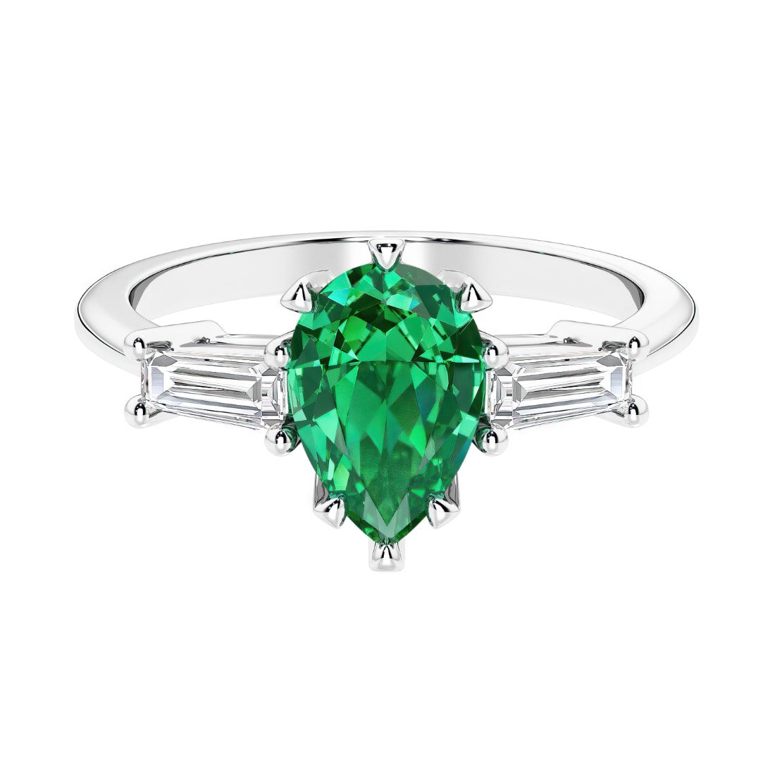Colombian Green Emerald 3 stone pear diamond ring set in a delicate band.
