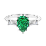 Colombian Green Emerald 3 stone pear diamond ring set in a delicate band.