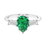 Colombian Green Emerald 3 stone pear diamond ring set in a delicate band.