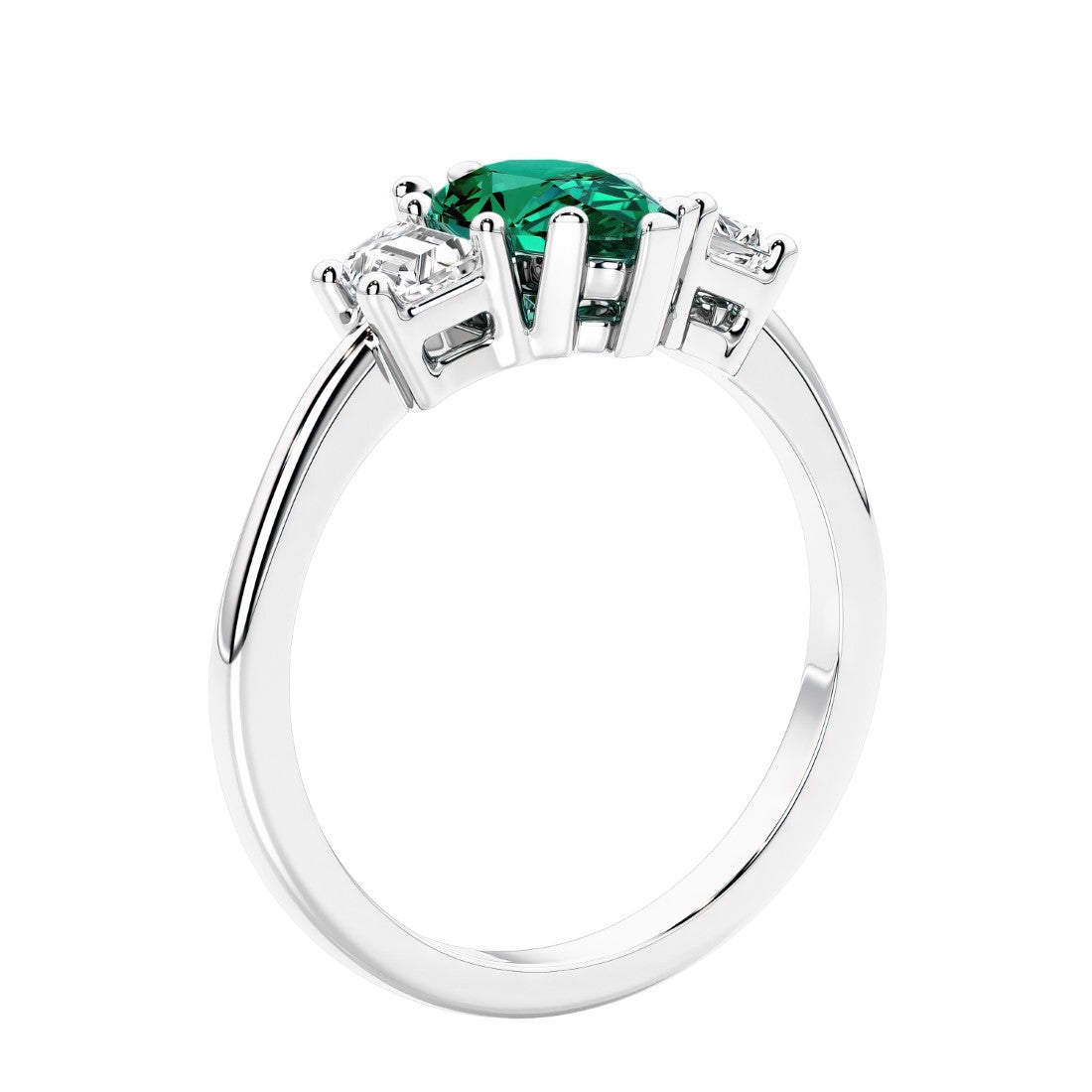 3 stone diamond engagement ring with pear shaped center in white gold featuring Green Emerald.