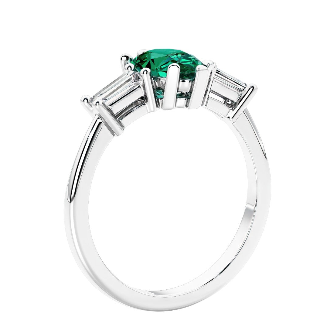 3 stone diamond engagement ring with pear shaped center in white gold featuring Green Emerald.