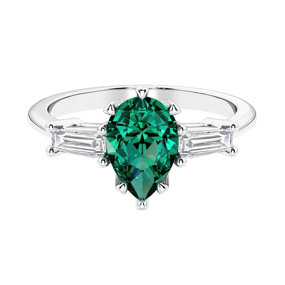 Green Emerald 3 stone pear diamond ring set in a delicate band.