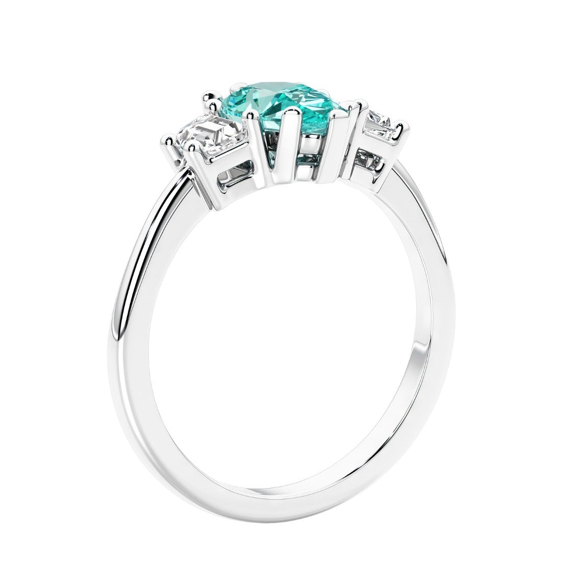 3 stone diamond engagement ring with pear shaped center in white gold featuring Paraiba Tourmaline.
