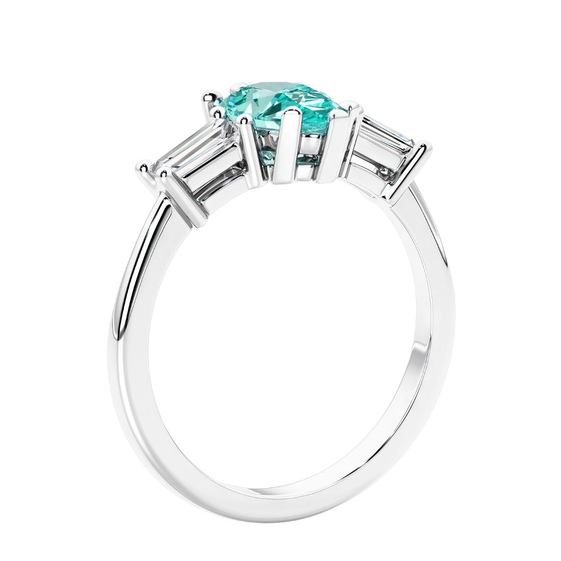 3 stone diamond engagement ring with pear shaped center in white gold featuring Paraiba Tourmaline.