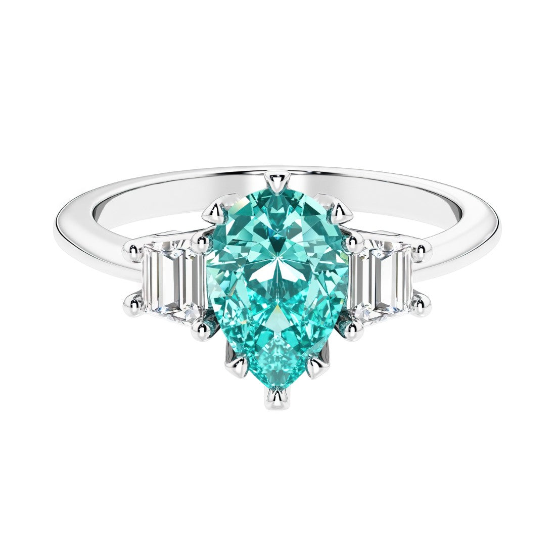 Paraiba Tourmaline 3 stone pear diamond ring set in a delicate band.